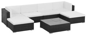 7-részes fekete polyrattan kerti bútorszett párnákkal