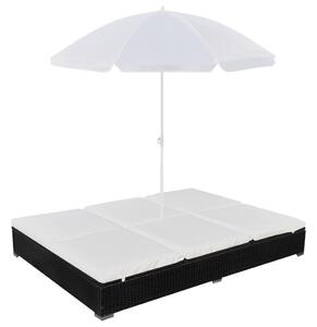 Fekete polyrattan napozóágy napernyővel
