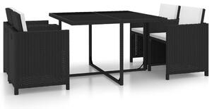 5-részes fekete polyrattan kültéri étkezőszett párnákkal
