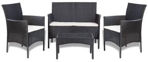4-részes fekete polyrattan kerti bútorszett párnákkal