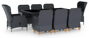 9 részes sötétszürke polyrattan kültéri étkezőszett párnákkal