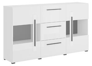 Komód Ophsalu 106, Edzett üveg, Laminált forgácslap, 103x180x39cm, Fényes fehér, Fehér