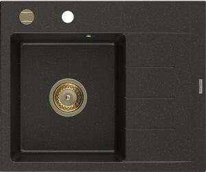 Mexen Ben egykamrás gránit mosogató bal oldali csepegtetővel 600 x 500 mm, fekete/arany metál, arany szifon - 6522605000-75-G