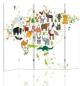 Paraván Világtérkép állatokkal Méret: 180 x 170 cm, Kivitelezés: Klasszikus paraván