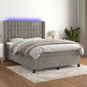 Világosszürke bársony rugós és LED-es ágy matraccal 140x200 cm