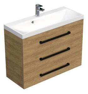 Fürdőszoba szekrény fekete fogantyúval és mosdóval SAT Cube Way 100x47,5x40 cm tölgy Hickory matrac CUBE2C1003DH