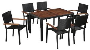 7 darabos fekete kültéri polyrattan és akácfa étkezőszett