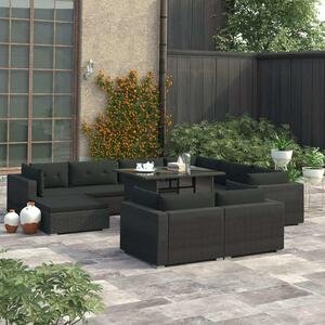 VidaXL 10-részes fekete polyrattan kerti bútorszett párnákkal
