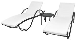 VidaXL 2 db fekete polyrattan napozóágy asztallal