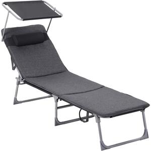 SONGMICS Összecsukható napozóágy matráccal, napellenzővel és fejtámlával, 4 pozícióban állítható háttámlával, max. 150 kg, 193x53x30 cm, szürke