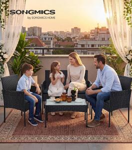 SONGMICS 4 személyes kerti bútorszett, kanapé, 2 szék és üveglapos asztal, PE rattan, fekete és szürke