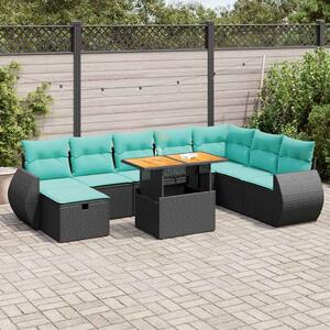 9 részes barna polyrattan akácfa kerti ülőgarnitúra párnákkal