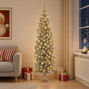 Karcsú műkarácsonyfa gömbökkel 180 cm 300 LED Meleg fehér