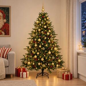 Műkarácsonyfa gömbbel 180 cm 300 LED Meleg fehér PVC és fém