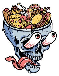 Illusztráció lots of food on top of the skull, gunaonedesign