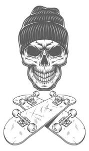 Illusztráció Vintage monochrome skateboarder skull, dgim-studio