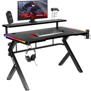 Gamer asztal számítógépasztal monitor állvánnyal, 120 x 60 x 69,5 cm, alumínium / HDF, 5.0 RGB LED Fekete