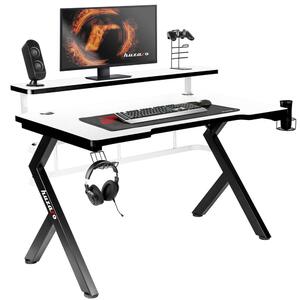 Gamer asztal 5.0 játékasztal, monitor állvánnyal, 120 x 60 x 69,5 cm, alumínium / HDF, fekete / fehér