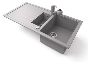 Gránit mosogató - Nero Solarys + kihúzható zuhanyfejes Shower csaptelep + dugókiemelő (szürke)