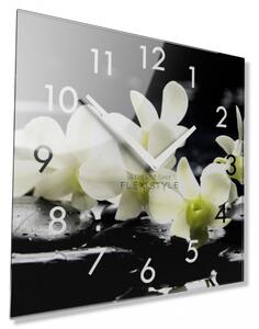 Üveg dekoratív óra fehér orchideával, 30 cm