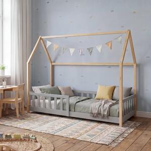 Házikó gyerekágy Hesel leesésgátlóval 90x200 cm fenyő szürke/natúr [en.casa]