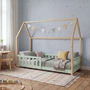 Házikó gyerekágy Hesel leesésgátlóval 90x200 cm fenyő mentazöld/natúr [en.casa]