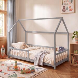 Házikó gyerekágy Hesel leesésgátlóval 90x200 cm fenyő szürke/fehér [en.casa]