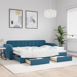 Kék kihúzható bársony heverő fiókokkal 80 x 200 cm