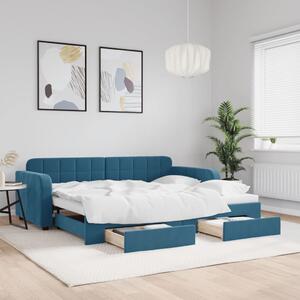 Kék kihúzható bársony heverő fiókkal 90 x 200 cm