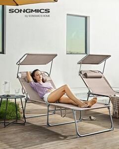 SONGMICS Összecsukható napozóágy napellenzővel és fejtámlával, 4 pozícióban állítható háttámlával, max. 150 kg, 200x71x38 cm, taupe színben
