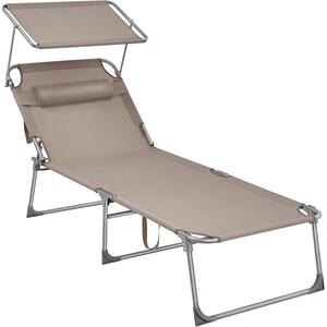 SONGMICS Összecsukható napozóágy napellenzővel és fejtámlával, 4 pozícióban állítható háttámlával, max. 150 kg, 200x71x38 cm, taupe színben