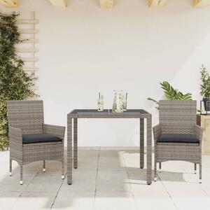3 részes szürke polyrattan/üveg kerti étkezőgarnitúra párnával