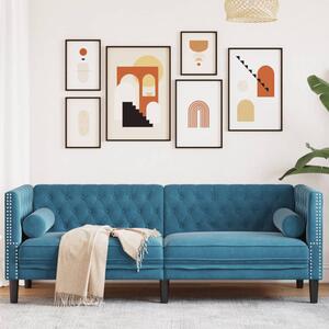 3 személyes kék bársony Chesterfield kanapé hengerpárnákkal