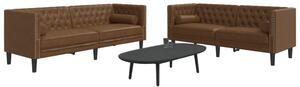 2 részes barna művelúr Chesterfield kanapészett hengerpárnákkal
