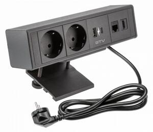 Konnektor, pultra helyezhető, 2x dugalj, 1x USB-A, 1x USB-C, 1x hálózati RJ45, 1x HDMI, 1,5 kábellel, fehér, BAR