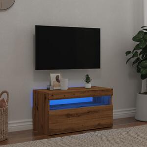 Kézműves tölgy szerelt fa TV-szekrény LED-ekkel 75x35x40 cm