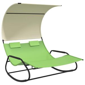 VidaXL zöld-krémszínű kétszemélyes textilén napozóágy napellenzővel
