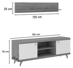 DIORA RV 2D TV asztal és polc, 155x56x40/135x25x18, magasfényű fehér/artisan