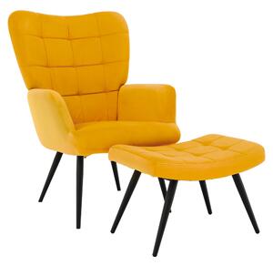 Fotel lábtartóval, sárga Velvet szövet/fekete, HABEN
