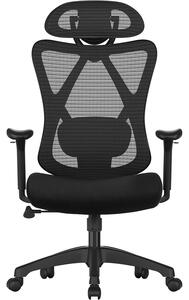 Irodai szék, hálós szék, állítható deréktámasz és fejtámla, fekete