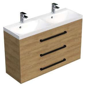 Fürdőszoba szekrény fekete fogantyúval és mosdóval SAT Cube Way 120x47,5x40 cm tölgy Hickory matrac CUBE2C1203DH