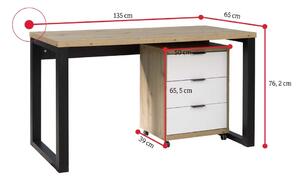 RAMO 2 íróasztal, 135x76,2x65, artisan tölgy/fekete/fehér