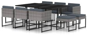 11 részes szürke polyrattan kerti étkezőszett párnákkal