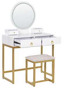Fehér és arany fésülködőasztal LED-es tükörrel AUXON