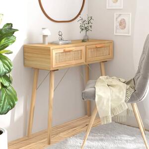 Barna tömör fenyő és természetes rattan kisasztal 80x30x75 cm