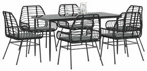7 részes fekete polyrattan üveg kerti étkezőgarnitúra párnákkal