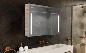 Megvilágított szekrény LED tükörrel, Emily L02 modell - 100 x 72 cm, modern kialakítású fürdőszobai szekrény világításkapcsoló-konfigurációval, Oslo tölgy színben