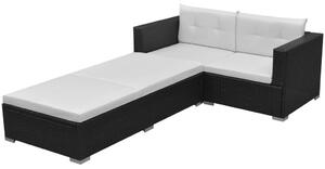 3-részes fekete polyrattan kerti bútorszett párnákkal