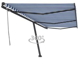 Kék és fehér kézzel kihúzható póznás napellenző 600 x 300 cm