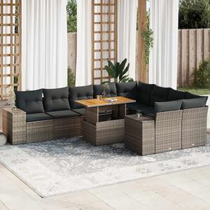 10 részes szürke polyrattan akácfa kerti ülőgarnitúra párnákkal